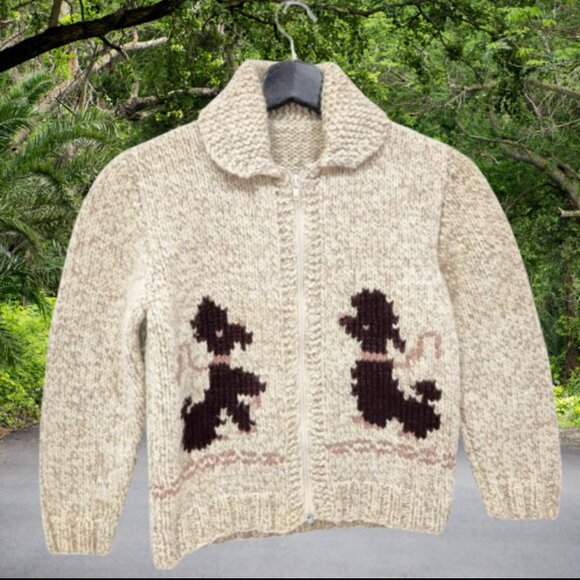 Child's Cowichan Sweater Hand Knit Wool Full Zipper Poodle Dogs Age 6-10 - Picture 1 of 8